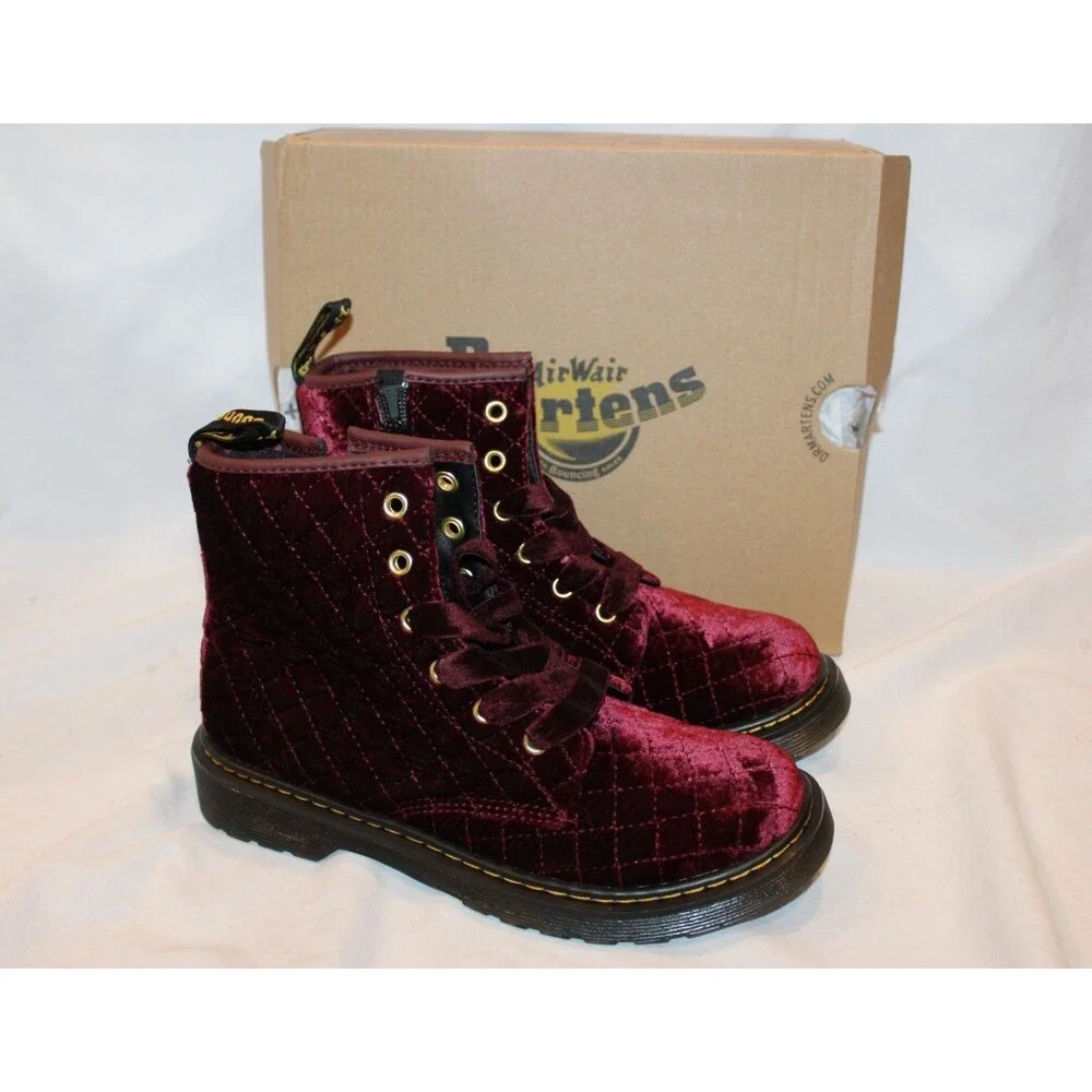 DR.‎ MARTENS YOUTH SZ 4 CHERRY RED QUILTED VELVET 1460 BOOTS NEW
